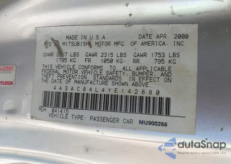 2000 Mitsubishi Eclipse Gt from USA, damaged, VIN 4A3AC84L4YE142880